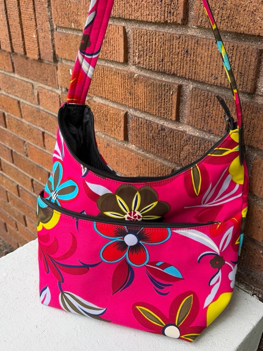 Bob Mackie Hot Pink Floral Shoulder Bag with Multicolor Blooms